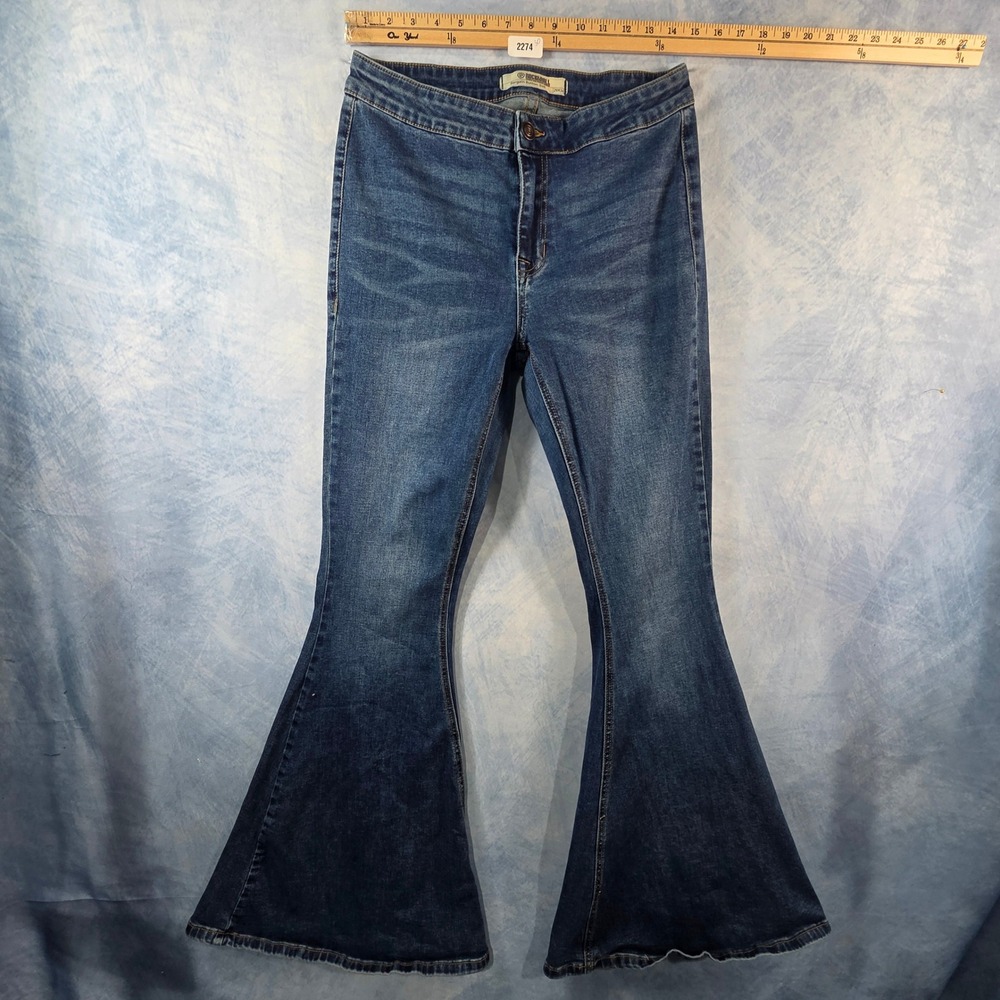 Rock‎ & Roll Denim Bargain Button Bell High Rise Flare Jeans Medium Wash 29x34